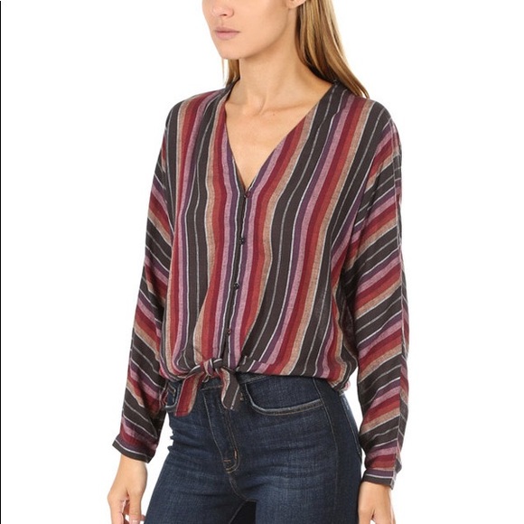 RAILS Striped Linen Blend Tie Front Blouse Top - Picture 6 of 9